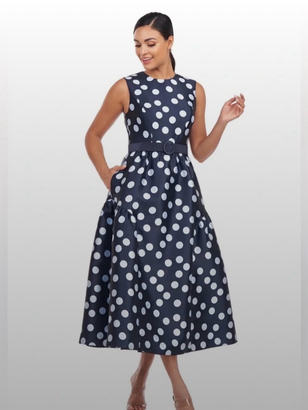 Kay Unger Navy and White Polka Dot Midi Dress with Belt